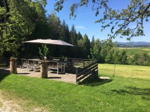 a picnic table with an umbrella in a field at Pension am Waldesrand in Regen