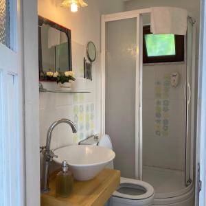 a bathroom with a sink and a toilet and a shower at Günebakan Taliani Otel in Ayvalık
