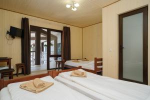a bedroom with two beds and a balcony at Villa MARINA in Solotvyno +97 photos