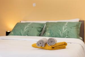 two towels on a bed with green pillows at Apartments ADELA in Polje
