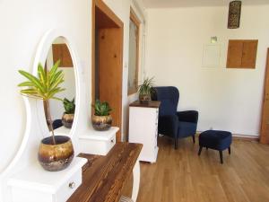 Una sala de estar con una mesa y un espejo. en Bara ház, en Tvrdošovce