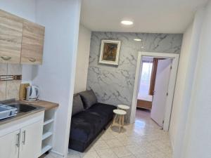 a living room with a couch and a kitchen at Aparments Plaza in Velika Plaža