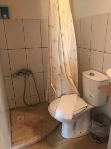 a dirty bathroom with a toilet and a shower at Günebakan Taliani Otel in Ayvalık +36 photos