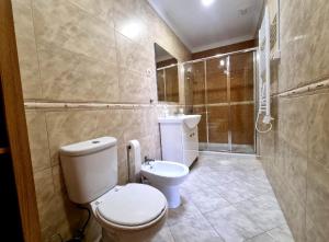 a small bathroom with a toilet and a shower at Casa Madureira - Paraíso centenário do Douro in Sabrosa