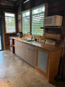 una cocina con fregadero y microondas en Rustic cabin in the heart of the fields of Pitahaya, en Cabo Rojo