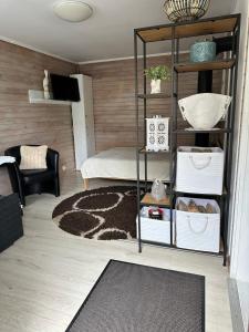 a living room with a bed and a book shelf at Evija in Ventspils