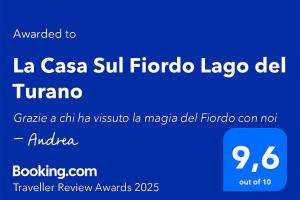 La Casa Sul Fiordo Lago del Turano的证书、奖牌、标识或其他文件