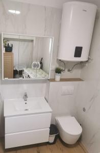 a bathroom with a sink and a toilet and a mirror at Tonka 1 in Podstrana +9 photos