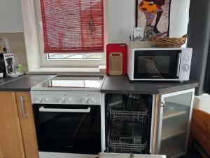 a kitchen with a microwave and a dishwasher at Apartment-Monteurzimmer-Vogl in Viechtach
