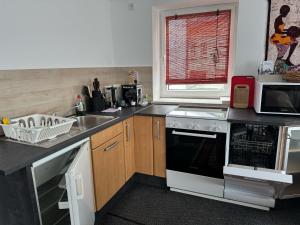a kitchen with a stove and a sink and a microwave at Apartment-Monteurzimmer-Vogl in Viechtach