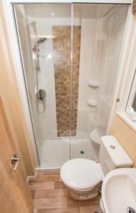 a bathroom with a shower and a toilet and a sink at 6 Berth 3 Bedroom Large Lodge, Decking, Private Parking, 2 Bathrooms inc Bath in Budleigh Salterton