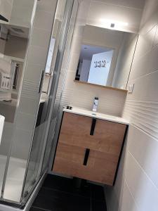 un bagno con lavandino e specchio di Le Grillon ad Ax-les-Thermes