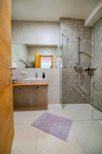 a bathroom with a sink and a glass shower at Schmitt Bräu - Hotel und Brauereigasthof in Scheßlitz