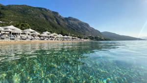 a view of a beach with umbrellas and the water at Barbati Olive in Barbati