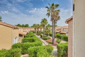 un patio con palmeras y arbustos en Résidence Odalys Le Grand Bleu, en Vendres-Plage
