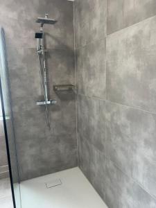 een badkamer met een douche met een glazen deur bij Pension Leipzig Ost in Borsdorf +32 foto's