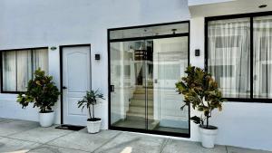 a glass door of a building with two potted plants at Apartamentos Boho in Punta Hermosa