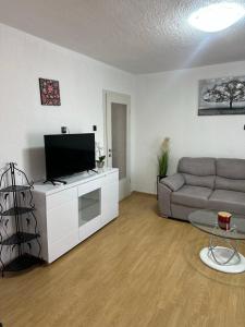 a living room with a couch and a flat screen tv at Apartment King in Senj