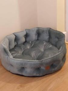 a grey dog bed sitting on a wooden floor at Dairy Cottage Courtyard accommodation in Bunmahon