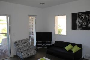 un salon avec un canapé et une télévision dans l'établissement La corse les pieds dans l'eau, à Pinarellu