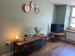 a living room with a television and a table with plants at Granite House in Carsphairn