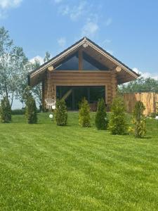 a log home with a basketball hoop in the yard at Cabana de la Stână in Râşnov +6 photos