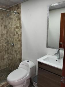 a bathroom with a toilet and a sink and a mirror at Villa Graciela II in Paipa +26 photos