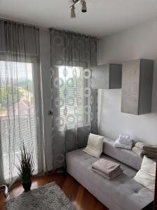 ein Wohnzimmer mit einer Couch und einem Fenster in der Unterkunft Apartman Centar VV in Kragujevac