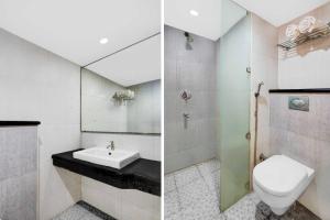 two pictures of a bathroom with a toilet and a sink at Townhouse Oak Pondicherry Opposite to Rock Beach in Puducherry
