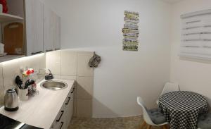 eine kleine Küche mit einem Waschbecken und einem Tisch in der Unterkunft Tea23 in Kotor