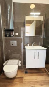 a bathroom with a white toilet and a sink at Vagia's House in Skala Rachoniou