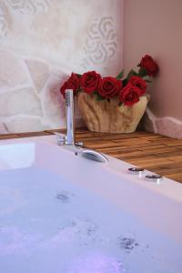 a vase filled with red roses sitting next to a sink at Pharus Miseni Suites and rooms in Bacoli
