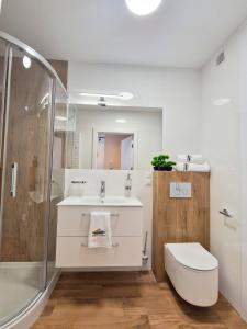 ein Badezimmer mit Waschbecken, Dusche und Toilette in der Unterkunft Apartamenty Złote Wydmy - Plażowa Park Międzywodzie in Międzywodzie