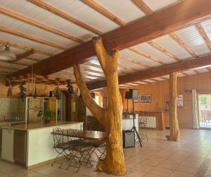 a large kitchen with a wooden ceiling with beams at Écolodge Les Sentiers du Lac - Domaine de la Gaïa in Sorèze