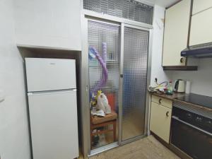eine Küche mit einem weißen Kühlschrank und einem lila Fisch in der Unterkunft Beachfront apartment in Sant Salvador + 10 Fotos