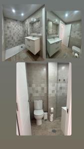 two pictures of a bathroom with a toilet and a sink at Jardines del Porvenir in Puerto Real