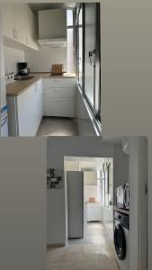 a kitchen with white cabinets and a washer and dryer at Jardines del Porvenir in Puerto Real