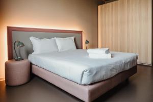ピサにあるVilla Madrè San Rossore Apartments - Self check-inの白いシーツと枕が付いた大きなベッドのある寝室