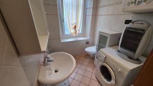 a bathroom with a sink and a toilet and a tv at Casa vacanza Auronzo in Auronzo di Cadore