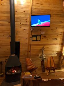 a living room with a fireplace and a flat screen tv at Chalés Recanto do Vale - GRALHA AZUL in Bom Jardim da Serra