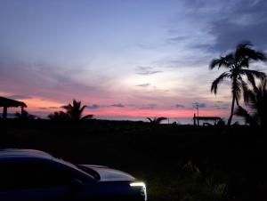 a car parked in front of a sunset with palm trees at Hotel Transilvania in Jama