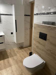 a bathroom with a white toilet and a shower at Sielska Dolina in Jerzmanowice +20 photos