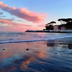 a sunset on a beach with trees and the ocean at La Casa nel Carobio in Ameglia