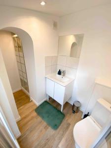 a bathroom with a sink and a mirror and a toilet at Charmante Maison de 4 Chambres avec salles de bains indépendantes et privée, idéal pour travailler et pour les vacances in Rouen