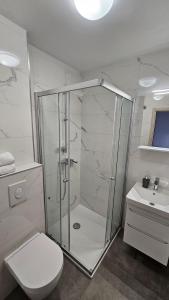 un bagno con doccia, WC e lavandino di A Minute to the Sea Brela a Brela