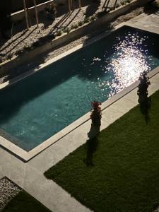 an overhead view of a swimming pool with two fire hydrants at DAM boutique hotel & restaurant in Nova Gorica