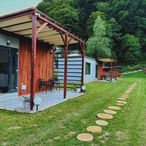 a house with a path in the grass next to it at Tiny Teo Sătic in Satic