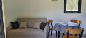a living room with a couch and a table at Tiny Teo Sătic in Satic +10 photos