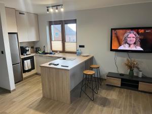 a kitchen with a counter and a tv on the wall at Rybnicka 109A in Skorka