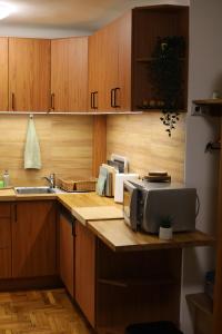 a kitchen with wooden cabinets and a microwave on a counter at Halász Vendégház Jakuzzival Tiszakécske in Tiszakécske